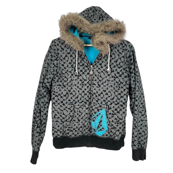 Y2K Volcom Quilted Skater Faux Fur Hood Gray Black Turquoise Women's Jacket  M - Picture 1 of 16